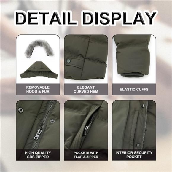 Hooded Warm Winter Coat Quilted Thicken Puffer Jacket with‎ Removable Fur Hood - Picture 3 of 7